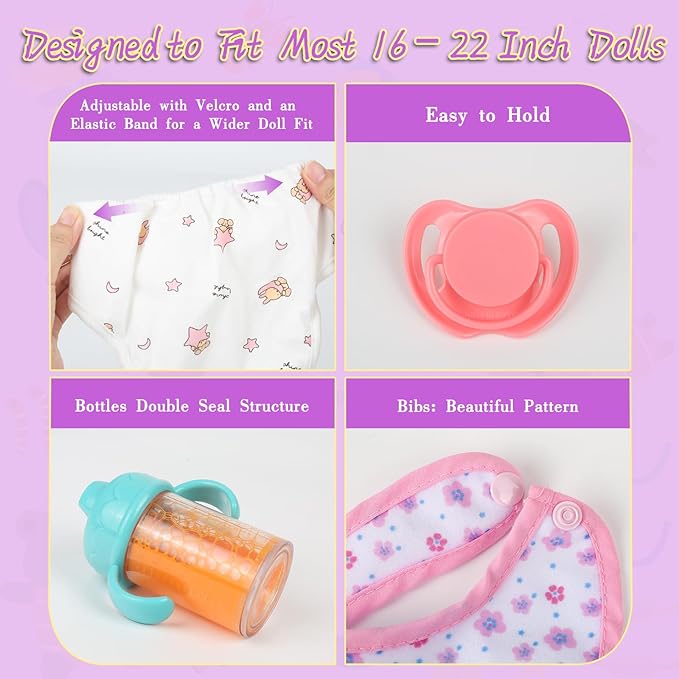 6-Piece Baby Doll Feeding Set – Magic Bottles & Pacifiers for 10–24 Inch Dolls, Disappearing Milk & Juice Bottles, Pretend Play Accessories for Kids