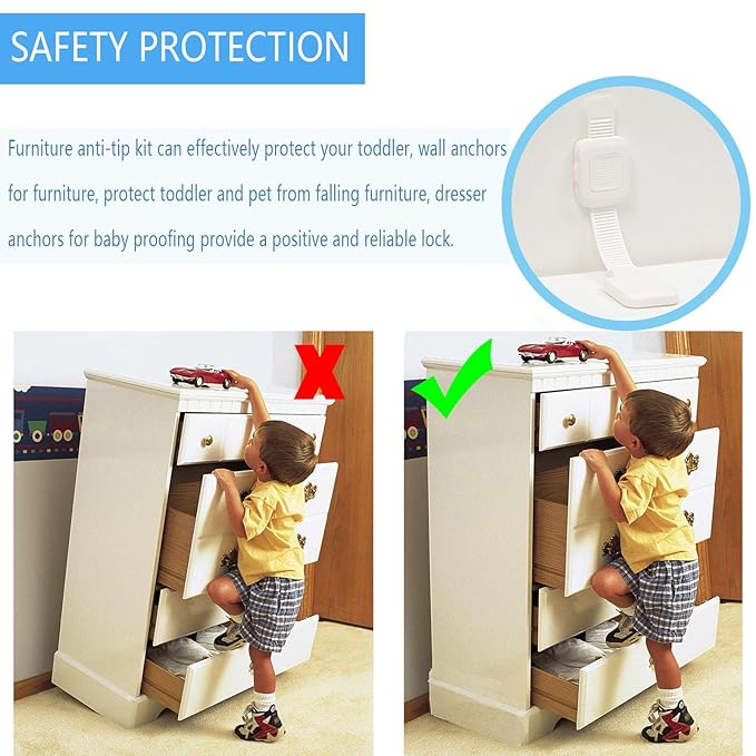 YEYA Upgraded No Drill Furniture Anchors for Baby Proofing, Anti-Tip Adjustable Straps, Strong Adhesive Backing 2 Pack