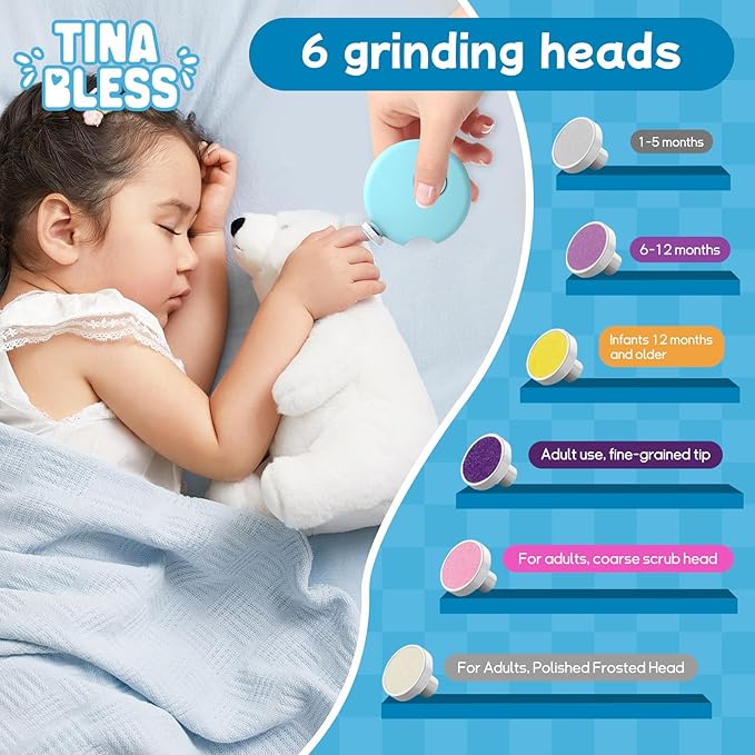 Baby Nail Trimmer Electric,Tinabless Baby Nail Clipper, 6 in 1 Baby Nail File,Nail File Baby Grooming Kit Manicure Set for Toddler or Adults(Blue)