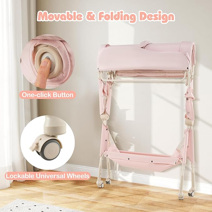 INFANS Baby Changing Table with Wheels, Portable Folding Diaper Station Nursery Organizer with Storage Basket, Hanging Rack, Adjustable Height, Safety Belt for Newborn Infant (Light Pink)