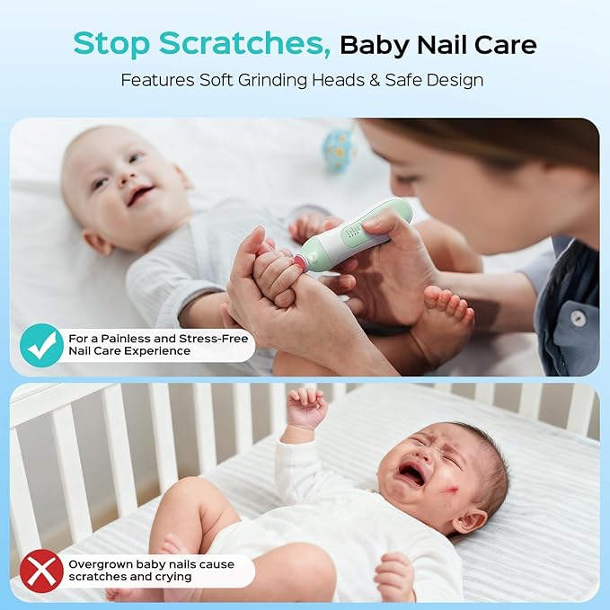 COSLUS C52 Rechargeable Baby Nail File: Cordless Baby Nail Trimmer Electric with 5 Speeds & 6 Grinding Heads for Baby Kid, CPC Certified and Quiet Design - Safe for Sleep Trim Buffer, Green