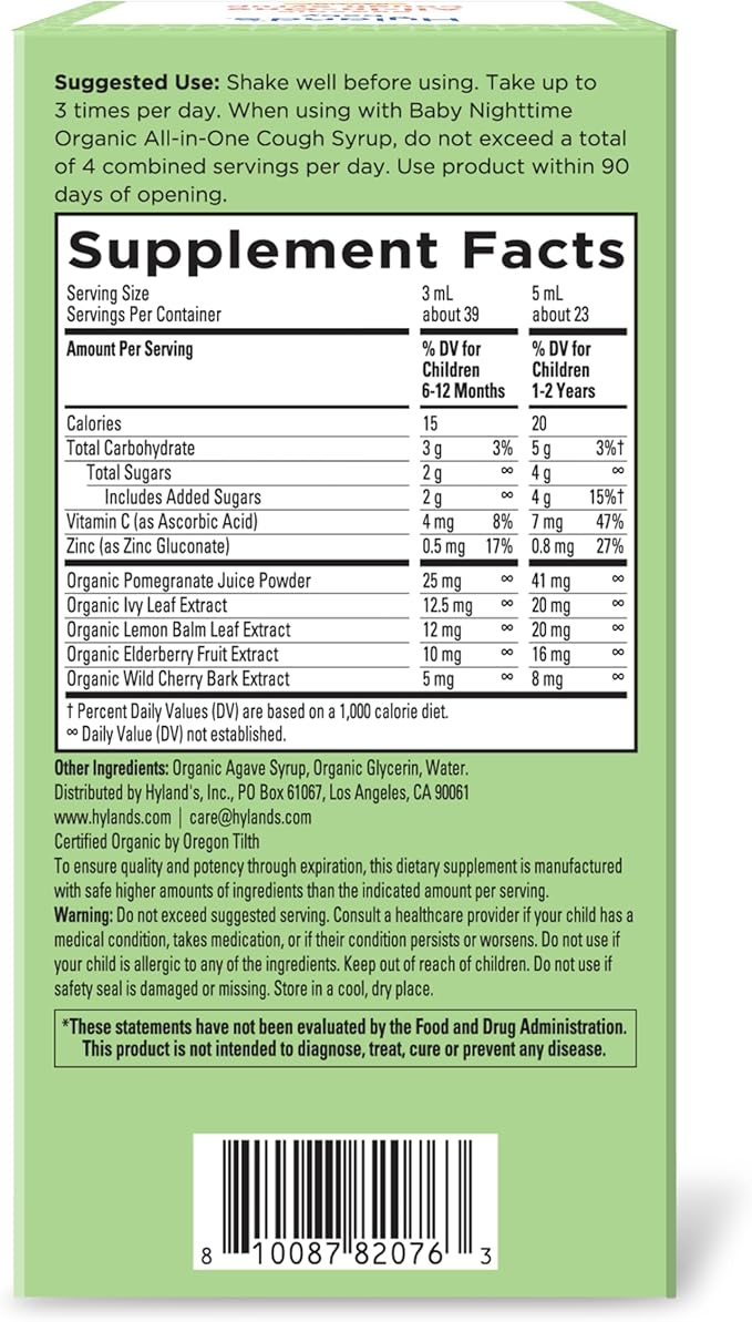 Hyland's Baby Organic All in One Daytime Cough Syrup + Immune Support with Elderberry, Vitamin C & Zinc, 4 Fl Oz