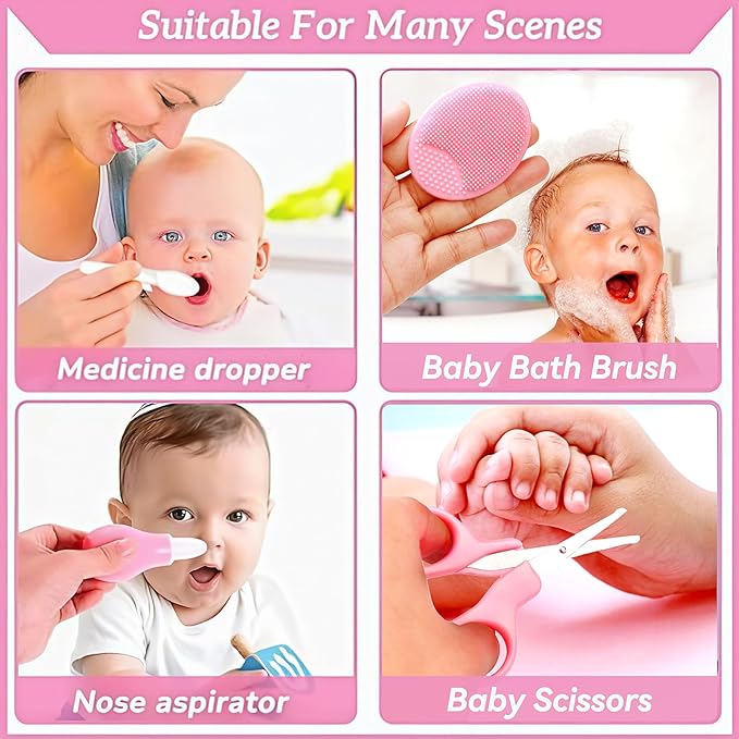 Baby Healthcare and Grooming Kit, 20 in 1 Portable Baby Safety Care Set with Hair Brush Comb Nasal Aspirator Electric Nail Trimmer Set Baby Essentials kit for Newborn Boys Girls (Pink)