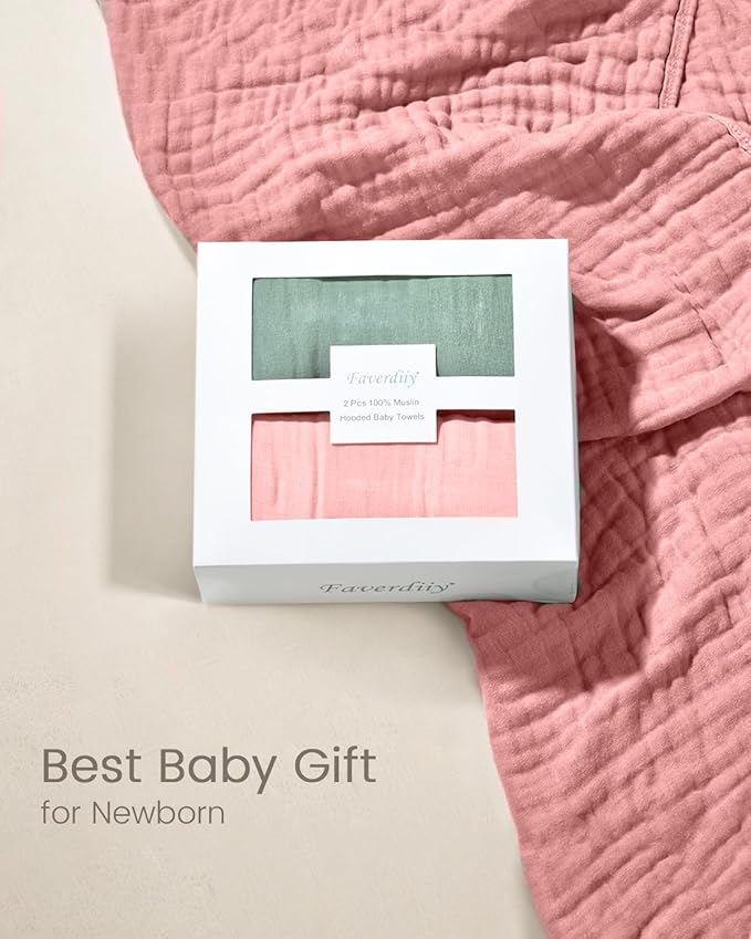 35x35 Inch 2 Pack 100% Muslin Cotton Baby Bath Towel, Hooded Baby Towels for Newborn, Soft Baby Beach Towels with Hood for Infants, Toddlers and Kids, Essentials Must Haves Dusty Pink+ White