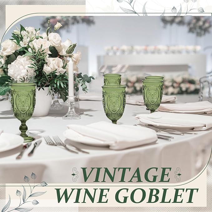 24 Pcs Plastic Goblets 7.5oz Vintage Goblet Plastic Wine Glasses Colored Retro Embossed Water Goblets for Wine Bar Juice Baby Shower Wedding Reception Grand Event Party (Olive Green)