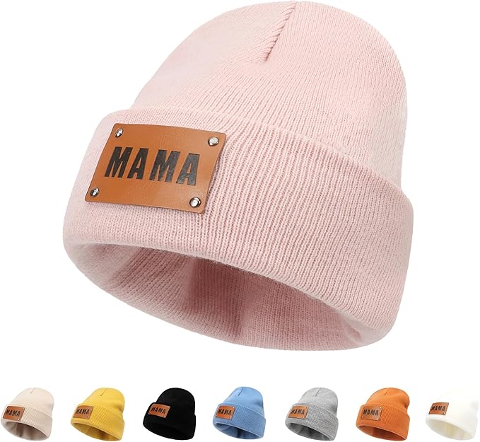 Personalized Name Baby Beanie Hat Leather Patch - Apricot Beanies Knit Hat Birthday Gifts for Kids Toddler to Adults