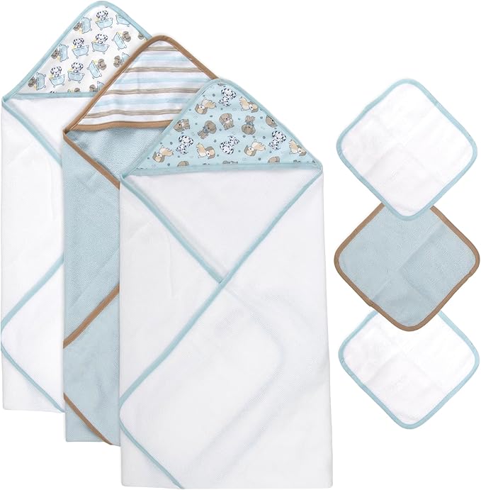 Baby Bath Essential Hooded Baby Bath Towel and Washcloth 6 Piece Set for Newborns, Infants & Toddlers, Boys & Girls Baby Hooded Towels Set (Puppy Dogs)
