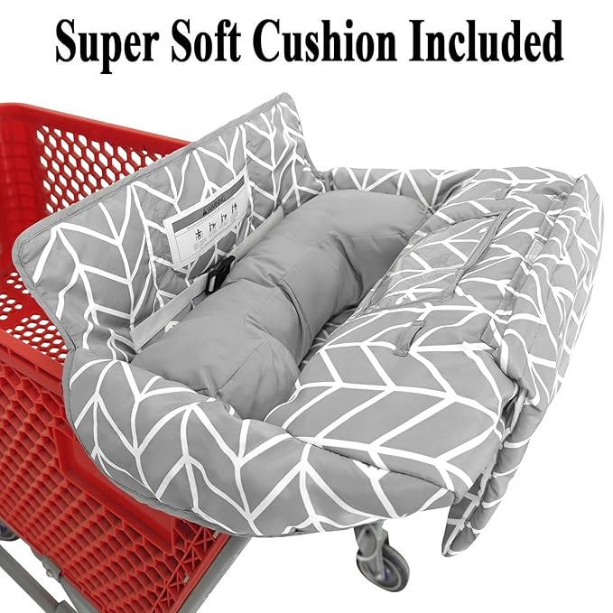 Love&go Soft Pillow Attached 2-in-1 Shopping Cart and High Chair Cover for Baby, Cotton Padded Cart Cover, Fold'n Roll Style, Portable with Carry Bag (Gray Arrow)