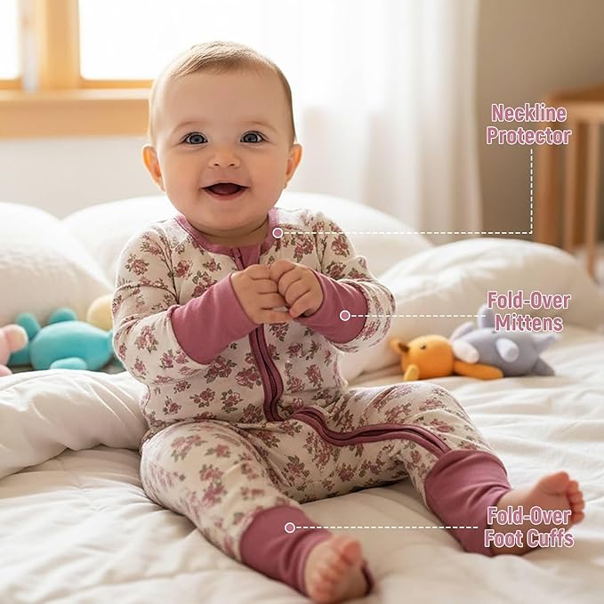 OPAWO Viscose from Bamboo Baby Pajamas Girl 2pack Mittens Cuff 2 Way Zipper Soft Footless Sleeper Baby Boy One-Piece Romper