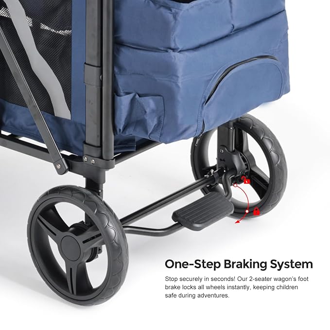 Elite 2 Seater Wagon Stroller for Kids, Foldable Stroller Wagon with Removable Seats & Canopy, 5-Point Safety Harness, Adjustable Handle, Blue