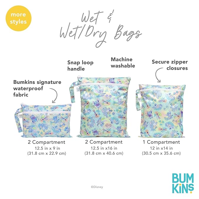 Bumkins Disney Waterproof Wet Bag for Baby, Travel, Swim Suit, Cloth Diapers, Pump Parts, Pool, Beach, Gym Clothes, Toiletry, Hook to Stroller, Daycare, Zipper Reusable Wetdry Packing Pouch, Stitch
