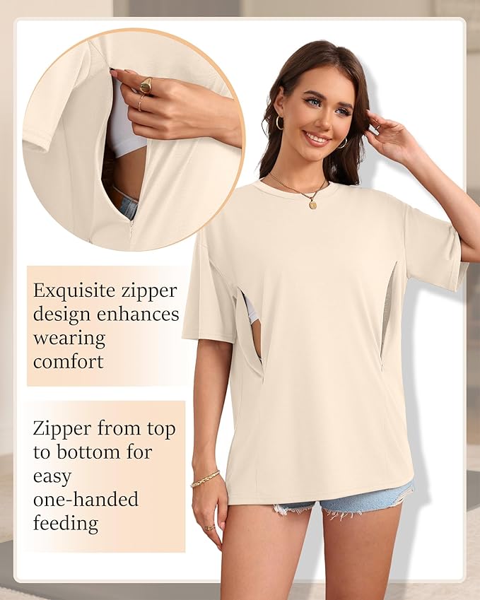 3 Pack Women's Oversize Nursing Breastfeeding Shirts Hidden Zipper Short Sleeve Loose Fit Maternity Tops
