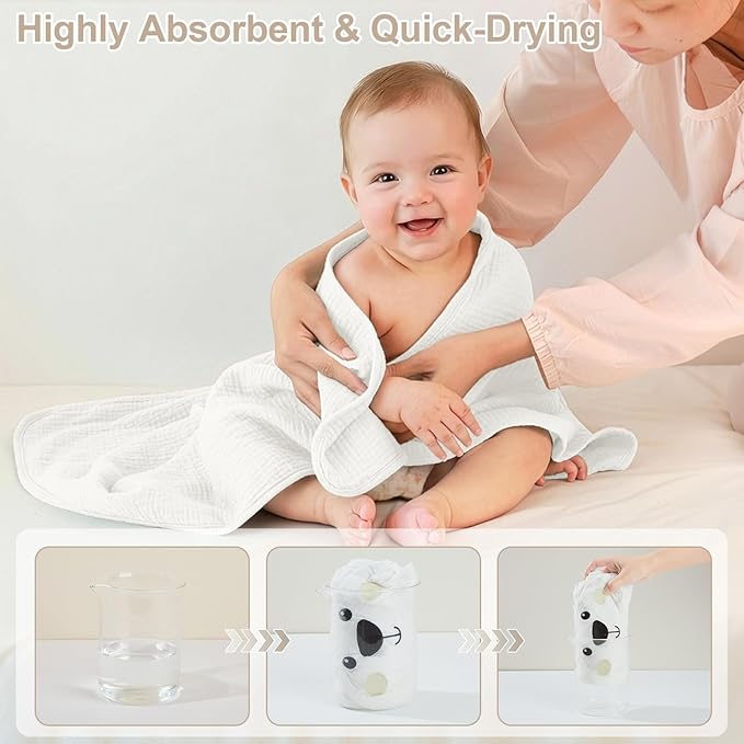 FIOBEE Hooded Baby Towels 100% Muslin Baby Bath Towels for Newborn with Animal Design Ultra-Soft and Absorbent Bath Essentials for Toddler, Unisex Girls Boys 30 x 30 inch, White Bear