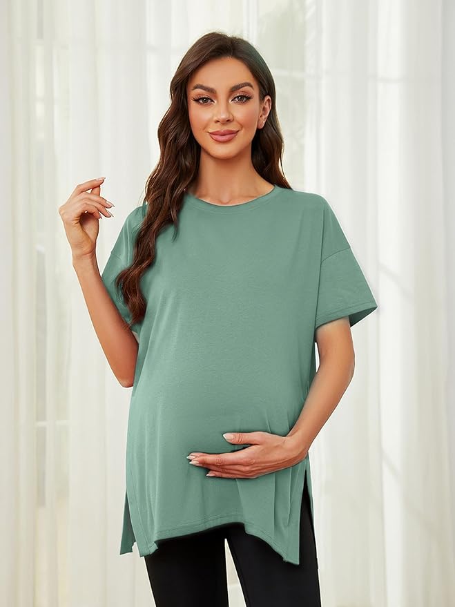Ecavus Women's Casual Maternity Shirts Split Side Pregnancy Tops Blouses Short Sleeve Loose Fit Maternity Clothes