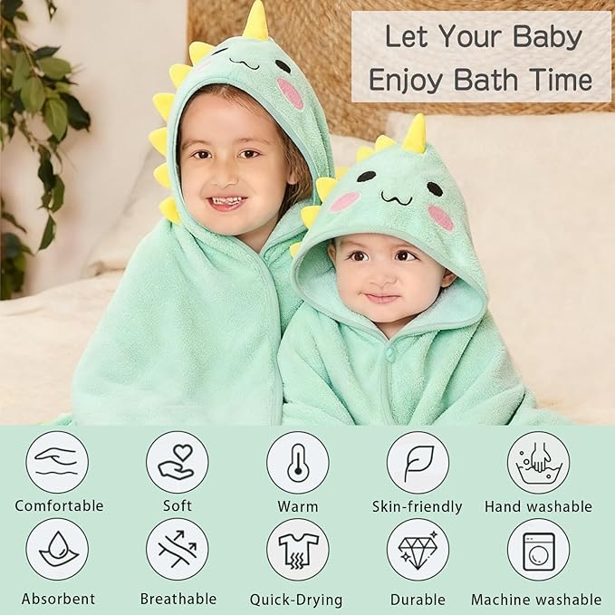12 PCS Hooded Baby Towel Set, 32x32 Inch Absorbent Baby Bath Towels, 3 PCS Soft Hooded Towels & 9 PCS Washcloths, Unisex Baby Gift Set for Newborns, Babies, Toddlers (Green + Gray + White)