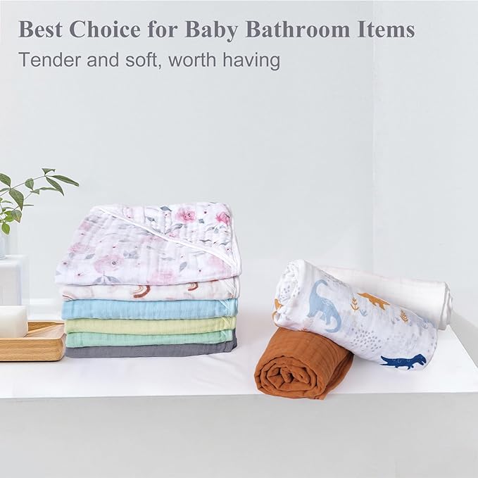 PHF 2 Pack Baby Hooded Towels, 100% Muslin Cotton Baby Bath Towel with Hood for Newborn, Infant, Toddler, Ultra Soft and Absorbent Baby Essentials Bath Towels for Boys Girls, 32x32Inch, Beige & Green