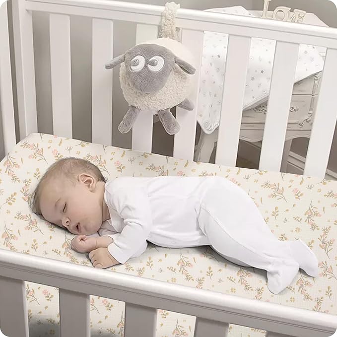 100% Organic Cotton Baby Crib Sheets Muslin 52x28 Inches 2 Pack Soft Fitted Crib Mattress Sheet for Baby Girls, Boho Toddler Bed Sheets Fits Well Standard Size Crib Mattress 28x52 Inches Floral & Pink