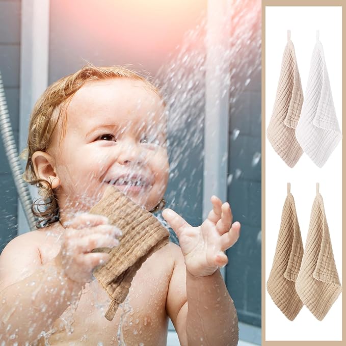 8 Pcs Baby Washcloths for Newborn 12 x 12 Inch Muslin Face Towels Cotton Absorbent for Delicate Skin Soft Muslin Cloth Reusable Baby Registry as Shower Gift, 4 Colors (Light Color)