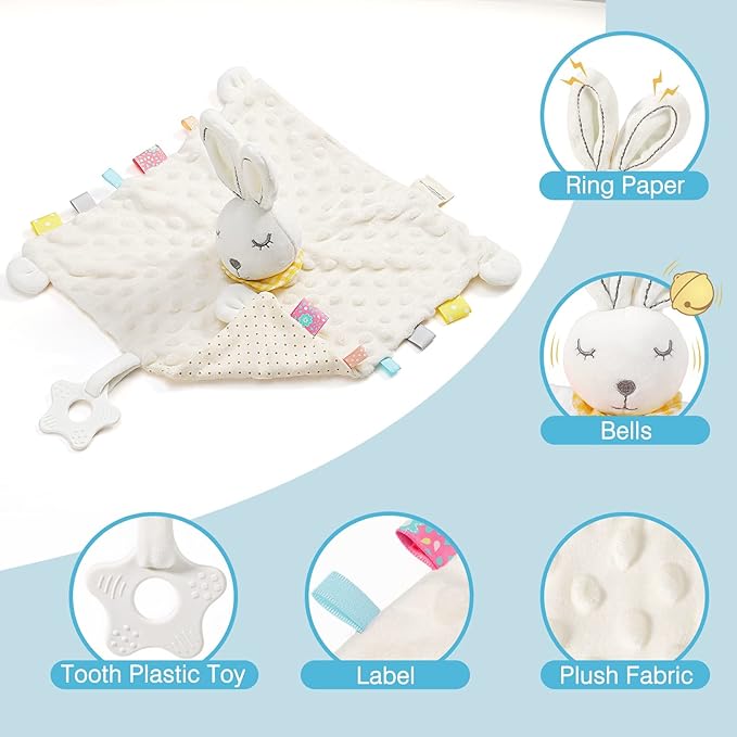 Zooawa Loveys for Babies, Security Blanket Soft Stuffed Animal Bunny Lovey Unisex Lovie Baby Stuff Snuggle Blanket with Tags Teether Bells, Soothing Plush Toys Baby Gift for Newborn, White Rabbit