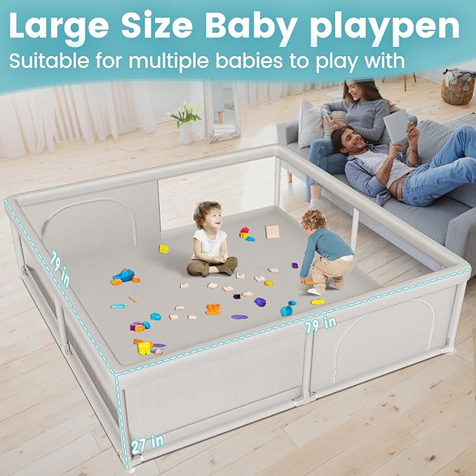 79x79 Inch Baby Playpen for Babies and Toddlers, Extra Large Play Yards for Indoor & Outdoor with Zipper Gates, Breathable Mesh with Anti-Slip Base