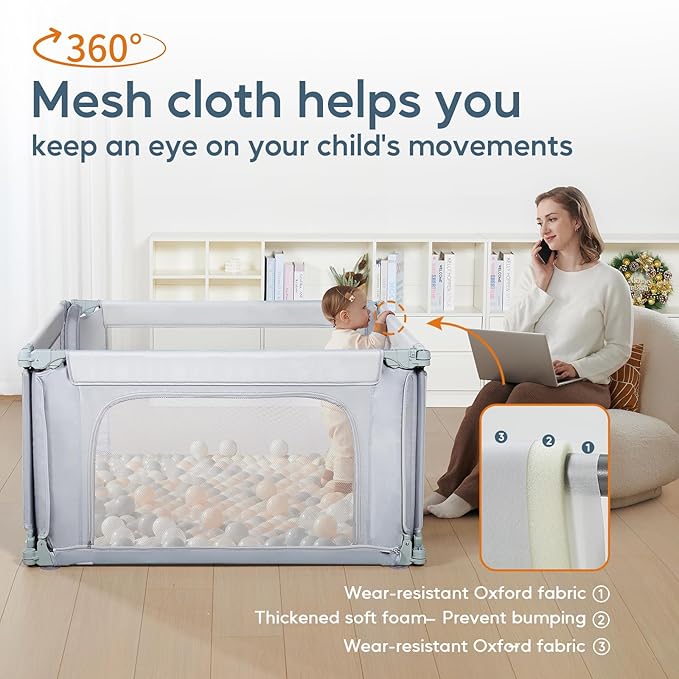 Baby Playpen 47x47 Inch Playpen,Adjustable Playard for Babies and Toddlers,Small Baby Play Pens,Indoor Outdoor Play Yard for Infants with Zipper Door＆360°Mesh Cloth,Grey