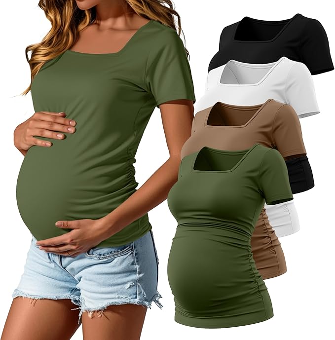 4 Pack Women's Maternity Shirts Cotton Square Neck Pregnancy Tops Side Ruched Summer Short Sleeve Tees Multipack