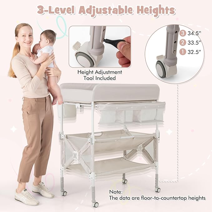 HONEY JOY Changing Table, Foldable Baby Mobile Nursery Organizer w/Wheels, Adjustable Heights, Storage Bag & Shelves, Waterproof Diaper Changing Station Dresser, Portable for Newborn Infant (Beige)