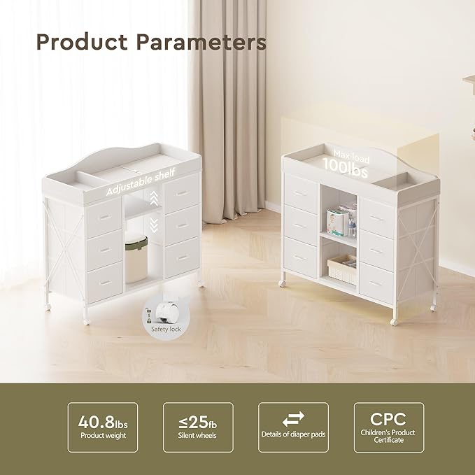 Changing Table, 6-Drawer Baby Dresser with Changing Table top, Waterproof Diaper Changing Station & Pad, 2 Height-Adjustable Open Storage Shelves, Mobile Nursery Organizer, White