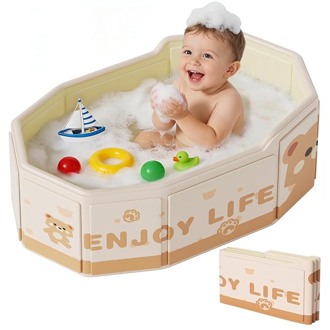 Collapsible Baby Bathtub for Shower, Portable Foldable Toddler Bath Tub with Non-Slip Base, Compact Travel Essentials for Kids & Infants, Easy Storage in Small Spaces, Brown