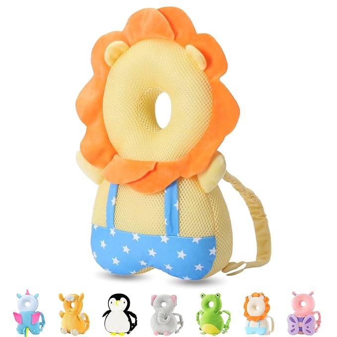 JunNeng Baby Head Protector Backpack, Toddler Walking Fall Head Protection, Yellow Lion Mesh