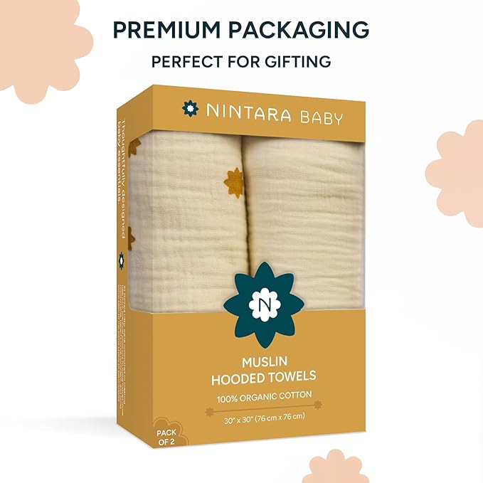 NINTARABABY Hands-Free Hooded Towel - 100% Organic Premium Muslin Cotton, 30" x 30", Ultra-Absorbent, Soft, Breathable, Hypoallergenic, Multipurpose, Gifts for Babies & Infants, Pack of 2