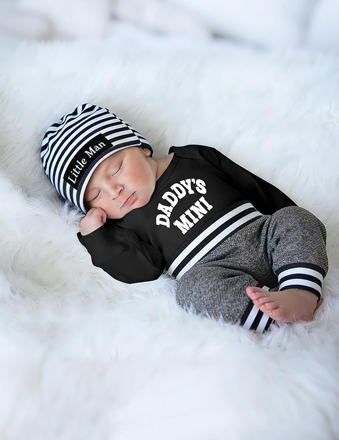 Fommy Newborn Baby Boy Clothes New to The Crew Letter Print Romper+ Pants+Hat 3PCS Outfit