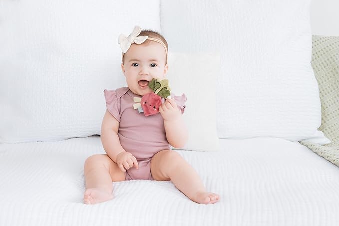 Pearhead Baby Veggie Teether Toy - Plush Turnip with Soft BPA-Free Silicone, Crinkle Sound Easy-to-Hold Teething Ring for Babies Ages 0 Months+, Stocking Stuffers for Newborns, Baby Christmas Gift