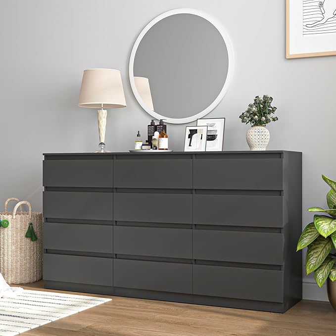 Black 12 Drawer Dresser for Bedroom,Modern Long Deep Drawer Dresser,Wood Storage Chest of Drawer, Storage Organizer Drawers for Bedroom