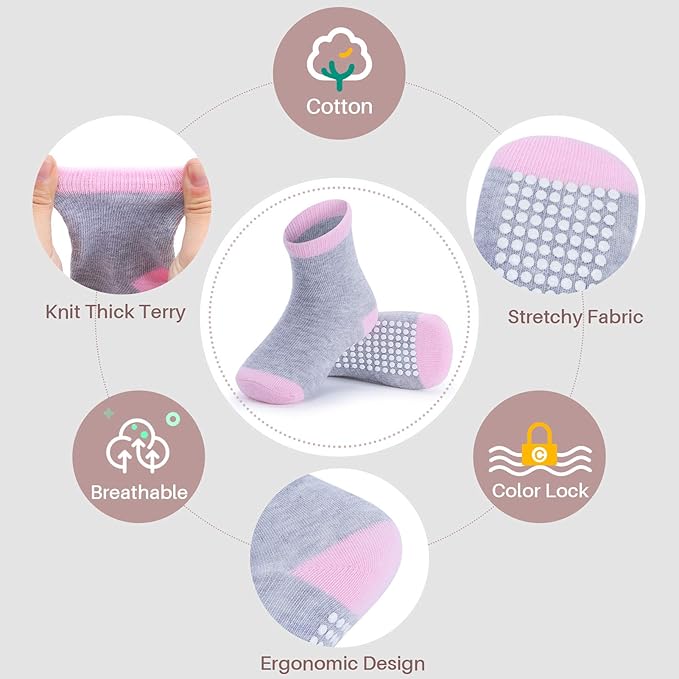 JAKIDAR 12 Pack Baby Toddler Socks Non Slip Grip Cotton Crew Socks for Boys Girls Infants Kids