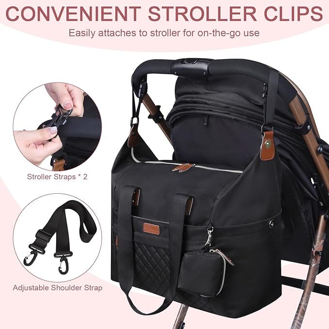 Diaper Bag Tote, Diaper Baby Bags with Pacifier Case, Shoulder Straps, Stroller Clips, Waterproof Large Mommy Maternity Travel Baby Tote for Mom and Dad, black
