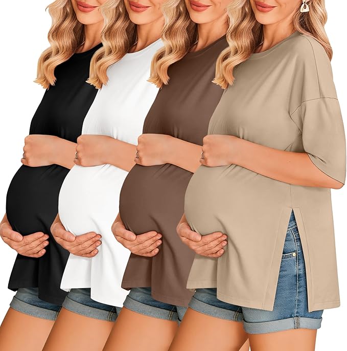 Ekouaer 4 Packs Women’s Maternity Shirts Short Sleeve Split Side Pregnancy Tee Tops Tunic Blouse Mama Clothes
