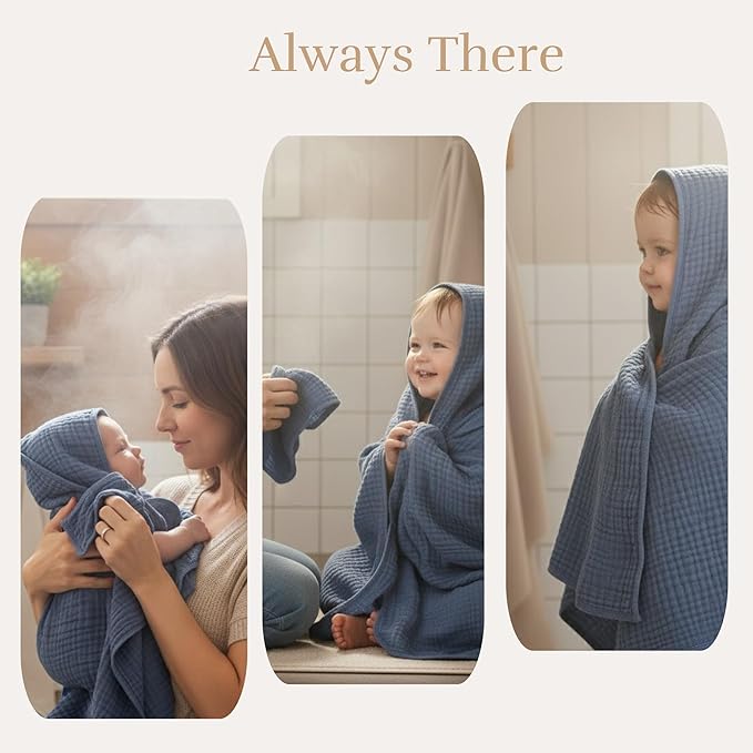 4-Piece Muslin Baby Towel Set - 100% Organic Cotton, (2) 6-Layer 32x32 Towels & (2) Washcloths, Bath, Beach & Pool Gift Set (Coffee & Blue)