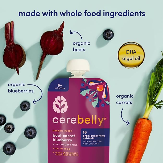 Cerebelly Organic Baby Food Pouches, Beet Carrot Blueberry Purees, 16 Nutrients, No Added Sugar, Fiber & Non-GMO, 4oz, 1 Count