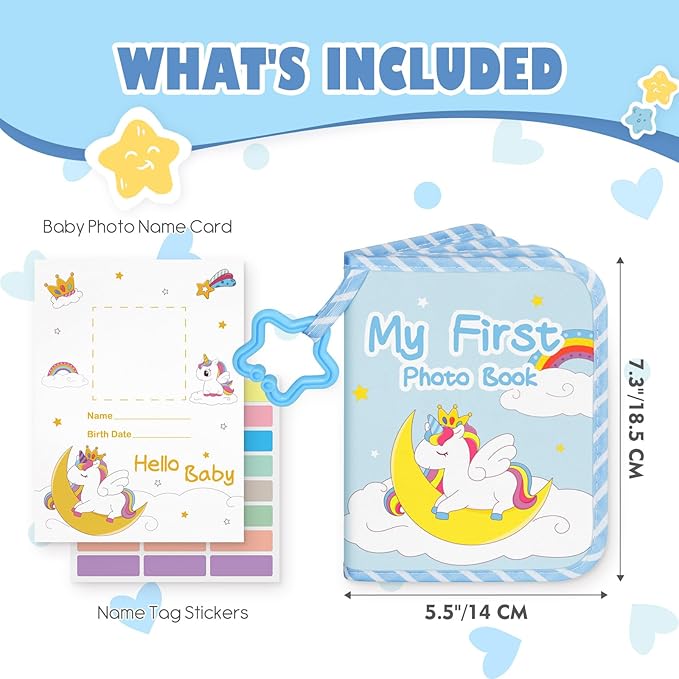 Lanpn Baby Photo Album Holds 17 4x6 Pictures, My First Soft Cloth Family Photo Book with Name Card & Name Tag Sticker, Fabric Kid Memory Keepsake Gift for Baby Shower Newborn Toddler Boy (Unicorn)