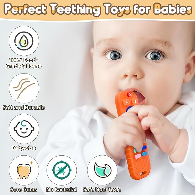 AiTuiTui Baby Teething Relief Sensory Chew Toys for 3 6 9 12 Months, Silicone Infant Teether Remote Control Bath Toy for Newborn Toddlers Boy Girl Autism Baby Shower Birthday Gifts, Orange