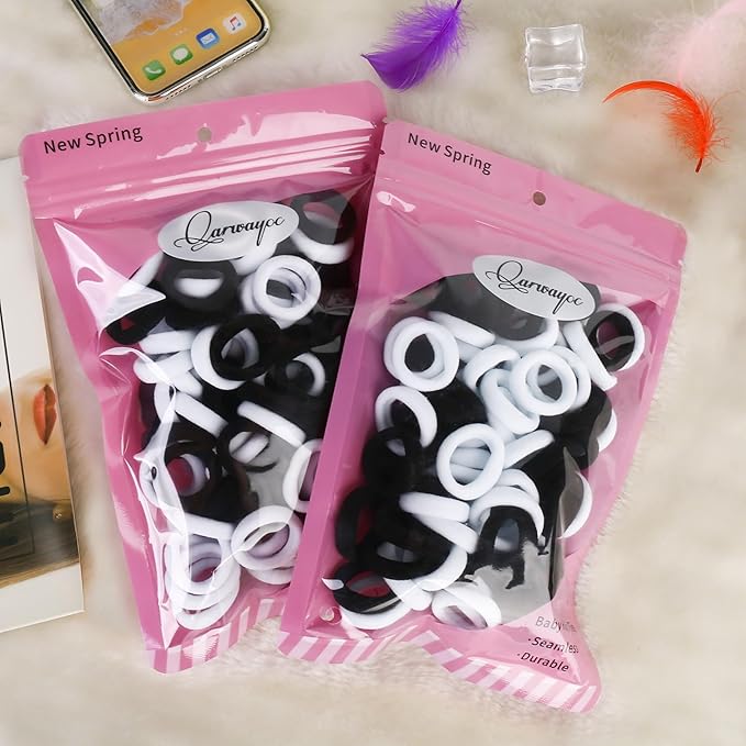 Small Girls Hair Ties, Baby Toddler Hair Bands, Cotton Kids Hair Ponytail Holders No Damage and Mini Baby Elastic Holders No Crease, Black and White, by NSpring