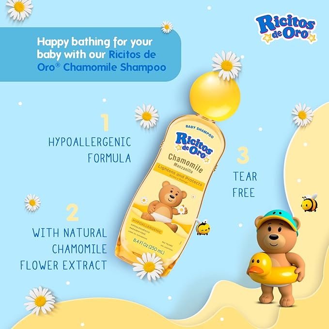 Ricitos de Oro, Baby Shampoo Cleansing and Lightening Baby Shampoo with Chamomile, Paraben Free, Hypoallergenic 4-Pack of 13.5 FL Oz Each, 2 Bottles