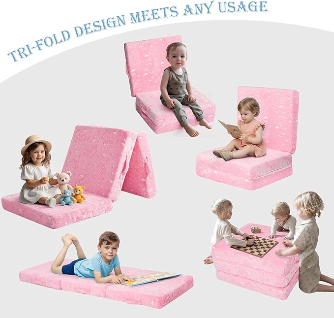 MeMoreCool Glow Unicorn Kids Foldable Floor Mattress Mat with Carry Bag, 3-in-1 Tri-Fold Futon, Soft Plush Glow Cover, Portable for Travel, Pink 75x25 Inch