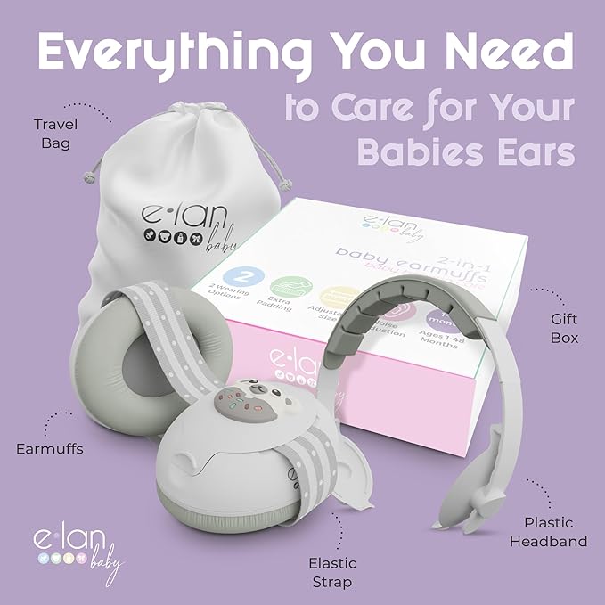 2-in-1 Baby Ear Muffs Noise Protection - Baby Headphones for Noise & Plane Travel - 2 Headbands - Toddler Ear Protection for Infant & Toddler Travel Essential, Age 1-36 Months