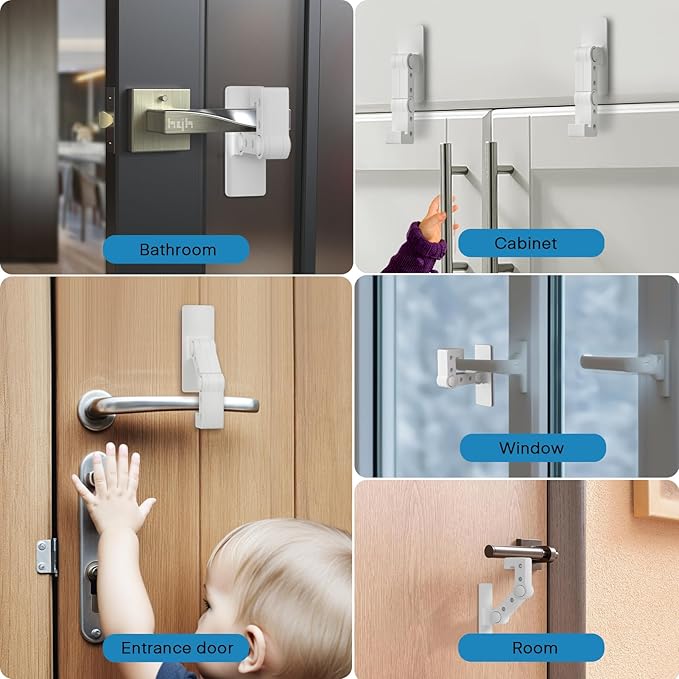 FYY Child Proof Door Lever Lock - 2 Pack Baby Proofing Door Locks for Kids Safety, 3M Adhesive Door Handle Lock Prevent Toddlers from Opening Doors, Adjustable Cabinet Locks Baby Safety Products