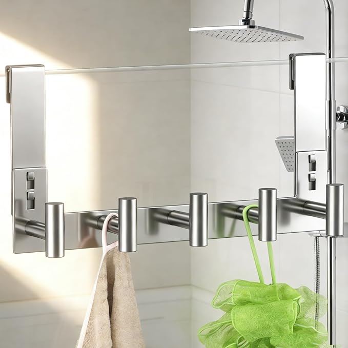 PMMASTO Shower Door Hooks, (7.5 Inch) Extended Towel Hook for Bathroom Frameless Glass Shower Doors, Stainless Steel Heavy Duty Holder for Hanging Robe,Towel (Silver 5 T-Hooks-Fits 3/8" Thick Door)