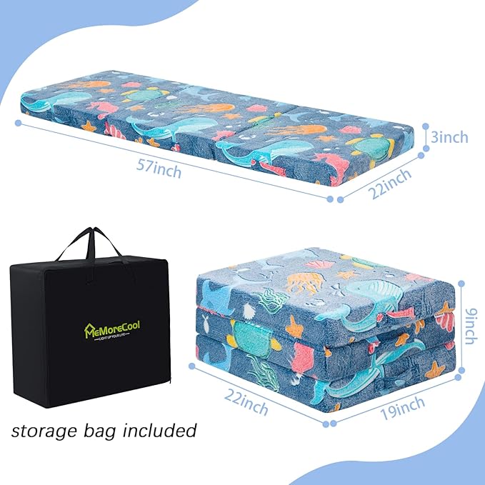 MeMoreCool Foldable Floor Mattress for Kids, Glow Trifold Mat, Kids Folding Mattress Portable Futon, 57x22 Inch Blue
