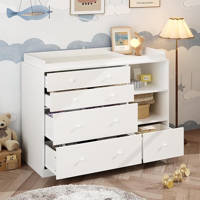 Nursery Dresser with Baby Changing Table, Diaper Changing Tables for Nursery with 5 Drawers & Shelves, Changing Station Nursery Organizer for Bedroom, White (47.6" W x 19.7" D x 36.1" H)