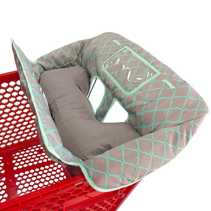 Love&go Soft Pillow Attached 2-in-1 Shopping Cart and High Chair Cover for Baby, Cotton Padded Cart Cover, Fold'n Roll Style, Portable with Carry Bag (Gray Grid)